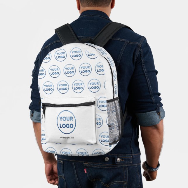 Business Logo Pattern Custom Text on White Printed Backpack (Insitu (Model))