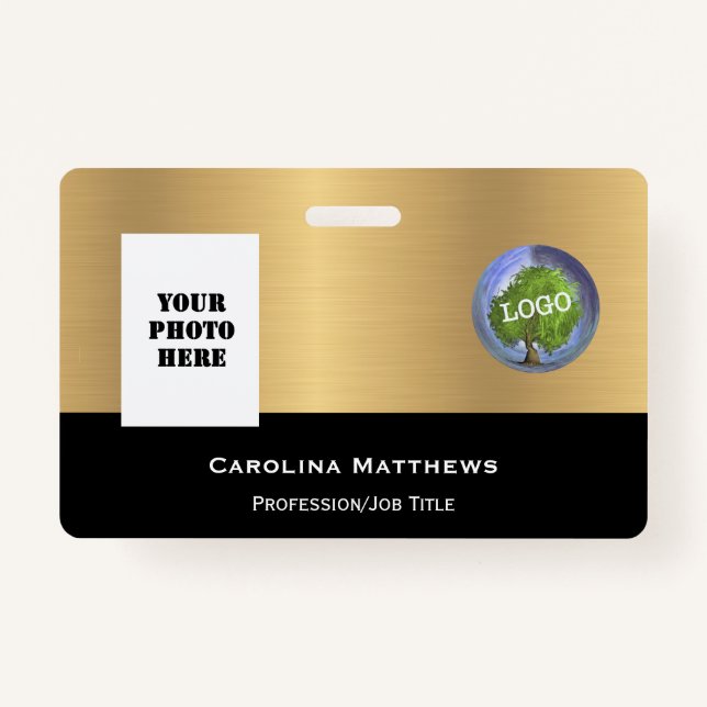 Business Logo Photo Gold Black ID Badge (Front)