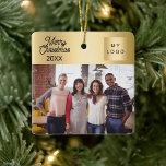 Business logo photo gold Christmas Ceramic Ornament<br><div class="desc">A faux gold looking background,  black text.  Text: Merry Christmas.  Personalise and add you business logo,  photo and a year.</div>