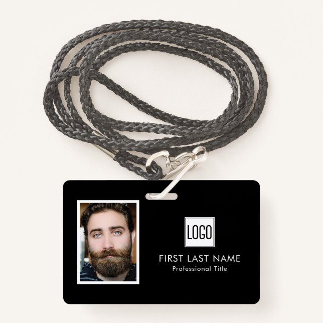 Business Logo | Photo Name Barcode Employee ID Badge (Front with Lanyard)