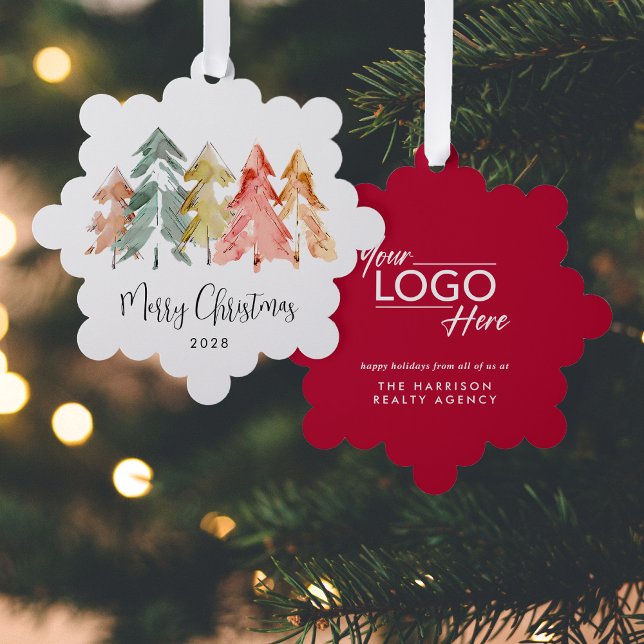 Business Logo Pine Trees Merry Christmas Tree Decoration Card (Creator Uploaded)