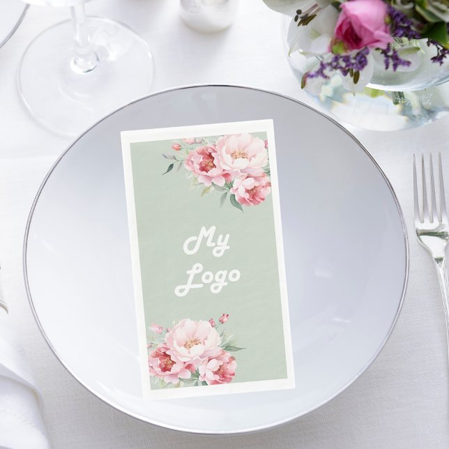 Business logo pink florals sage green napkin (Creator Uploaded)