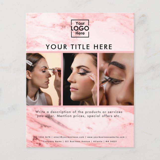 Business Logo Pink Marble Beauty Salon 3 Photos  Flyer (Front)