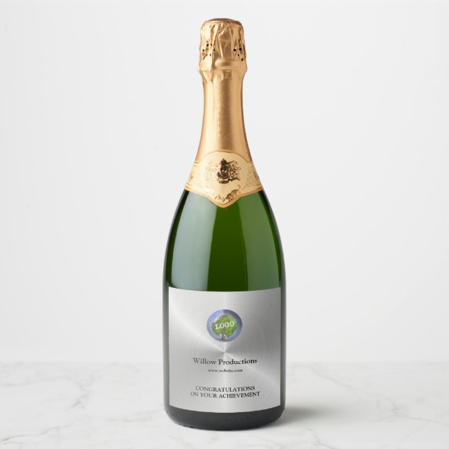 Business Logo Promotional Company Silver Sparkling Wine Label (Front)