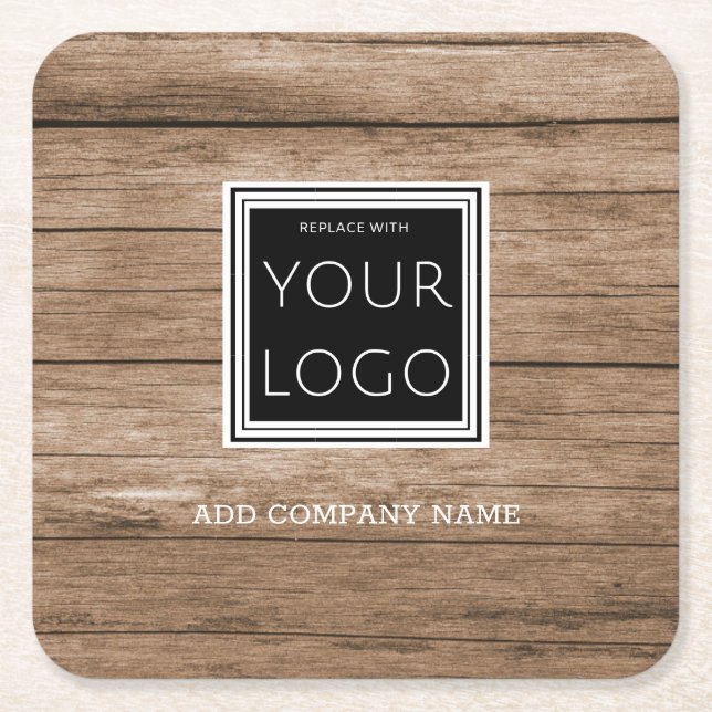 Business Logo Promotional Rustic Wood Square Paper Coaster (Front)