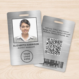 Business Logo QR Bar Code Silver Employee Photo ID Badge