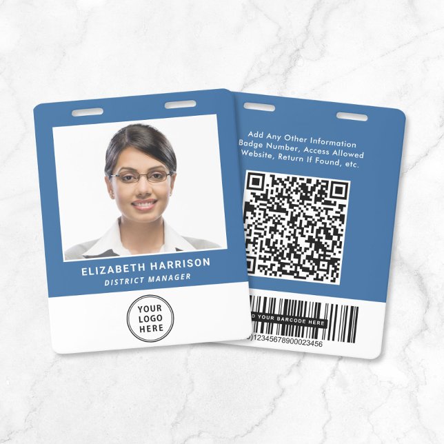 Business Logo QR Code Barcode Blue Photo ID Badge (Business Logo QR Code Barcode Blue Photo ID Badge)