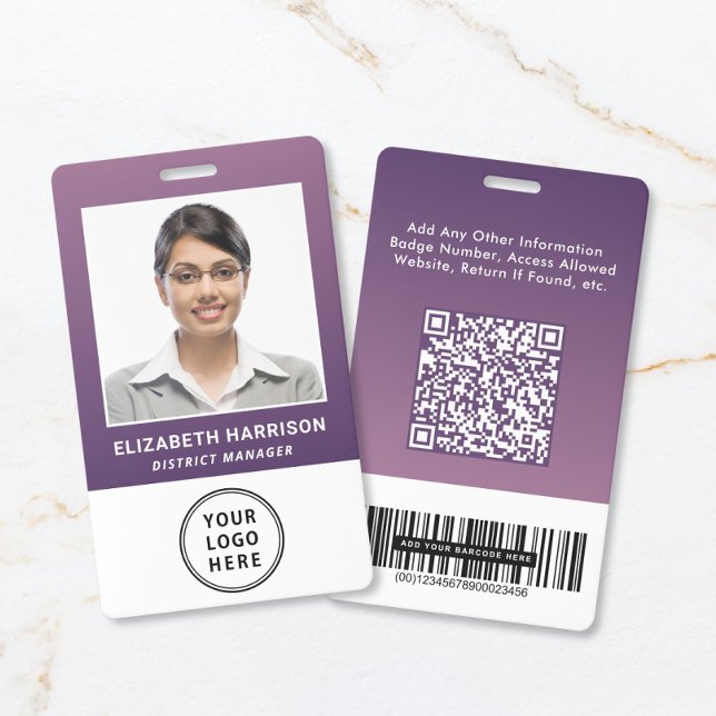 Business Logo QR Code Barcode Purple Photo ID Badge (Business Logo QR Code Barcode Purple Photo ID Badge)