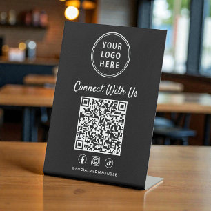 Business Logo QR Code Black Tabletop Pedestal Sign