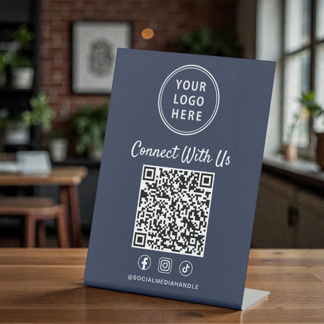 Business Logo QR Code Blue Tabletop Pedestal Sign (Business Logo QR Code Blue Tabletop Pedestal Sign)