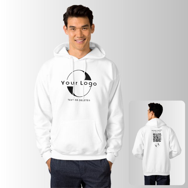 Business logo QR code Company brand swag Men White Hoodie (Creator Uploaded)