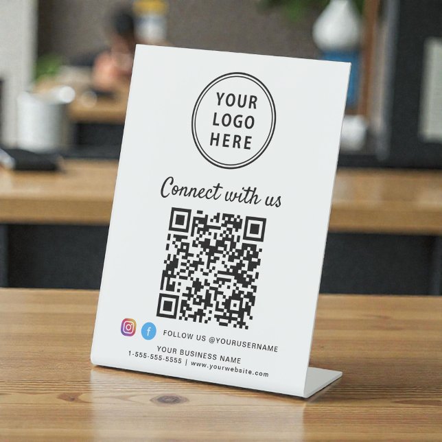 Business Logo QR Code Connect With Us Tabletop Pedestal Sign (Business Logo QR Code Connect With Us Tabletop Pedestal Sign)