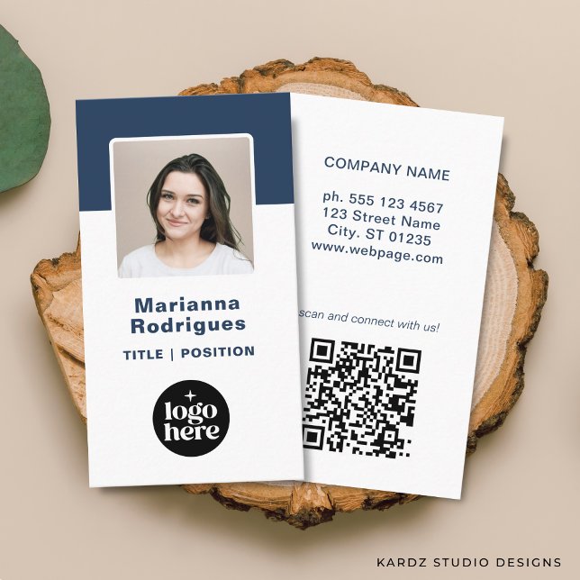 Business Logo QR Code Custom Employee Photo Card (Front and back of the business card are shown in standard size. Choose size, corner + paper style.)