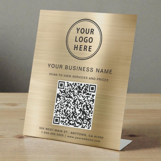 Business Logo QR Code Gold Pedestal Sign (Business Logo QR Code Gold Pedestal Sign)