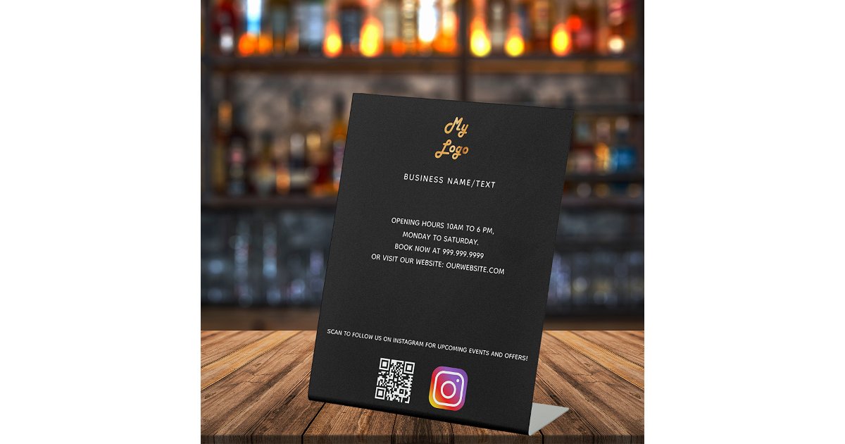 Business logo qr code instagram black custom text pedestal sign | Zazzle