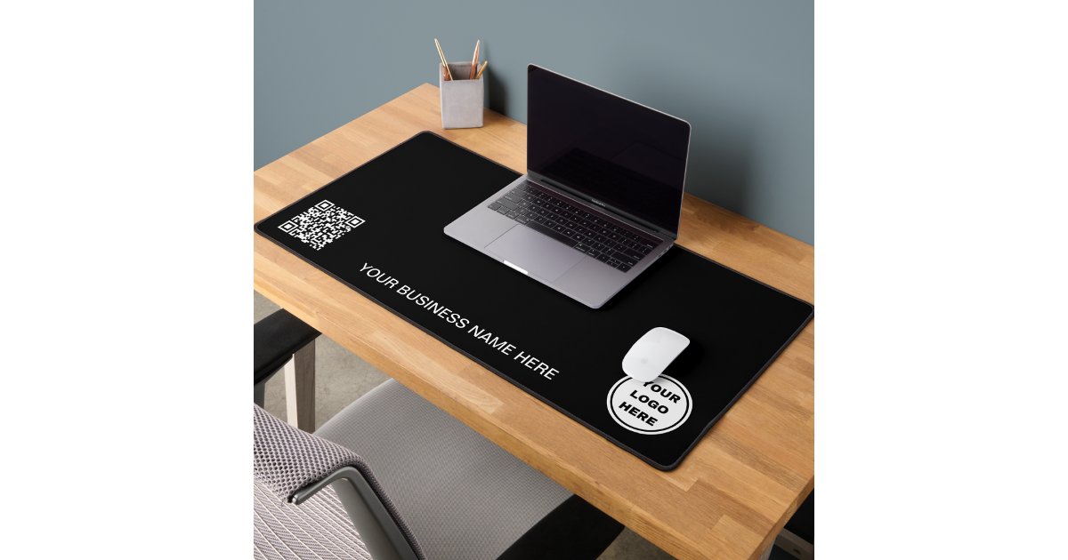 Business Logo & QR Code l Promotional Black White Desk Mat | Zazzle