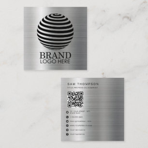 Business Logo QR Code Modern Metallic Silver Calling Card