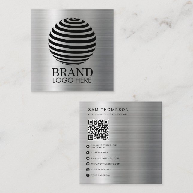 Business Logo QR Code Modern Metallic Silver Calling Card (Front/Back)