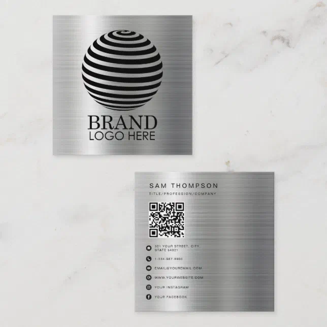 Business Logo QR Code Modern Metallic Silver Calling Card | Zazzle