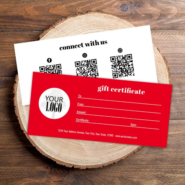 Business Logo QR Code Red Gift Certificate  (Simple red add your logo gift certificates. )