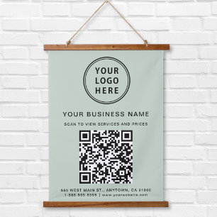 Business Logo QR Code Sage Green Hanging Tapestry