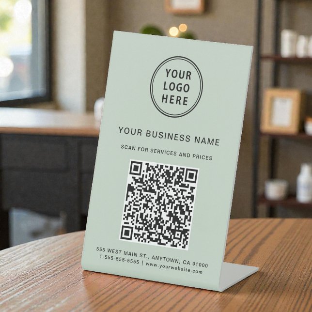 Business Logo QR Code Sage Green Pedestal Sign (Business Logo QR Code Sage Green Pedestal Sign)
