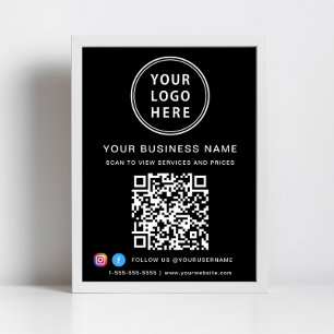 Business Logo QR Code Social Media Black Poster