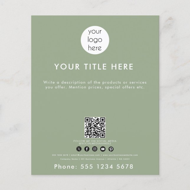 Business Logo QR Code Social Media Sage Green Flyer (Front)