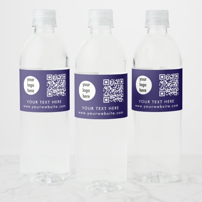 Business Logo QR Code Text Website Blue Customer Water Bottle Label (Bottles)