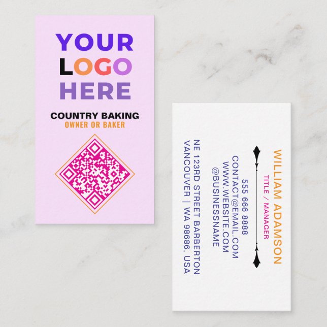 Business Logo & QR Code | White & Pink Bakery Business Card (Front/Back)