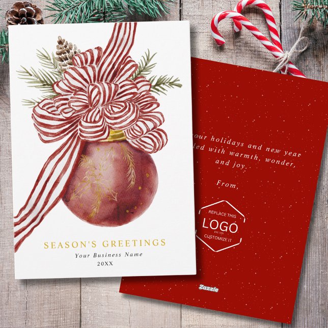 Business Logo Red Gold Seasons Greetings Christmas Holiday Card (Creator Uploaded)