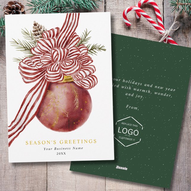 Business Logo Red Gold Seasons Greetings Green Holiday Card (Creator Uploaded)