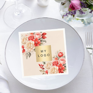 Business logo red ivory florals beige cream napkin