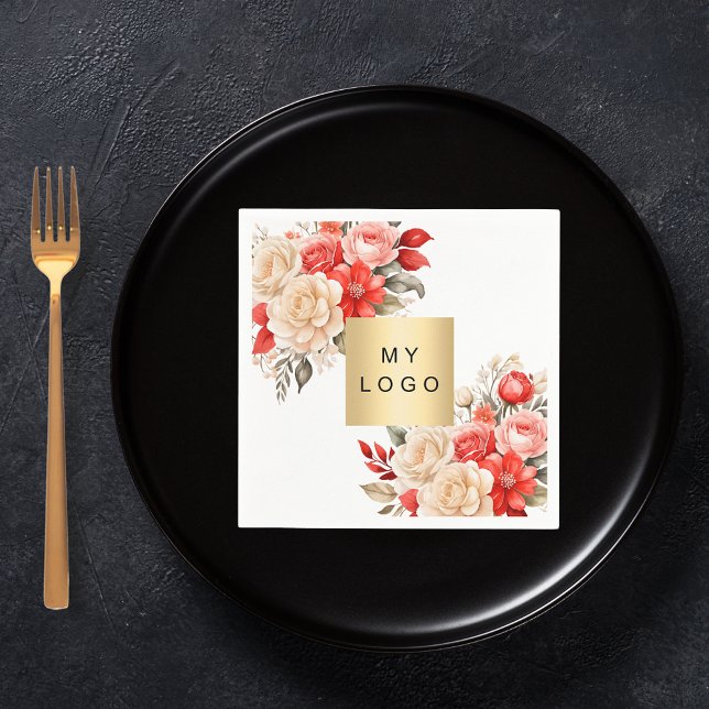 Business logo red ivory florals brand colour napkin (Creator Uploaded)