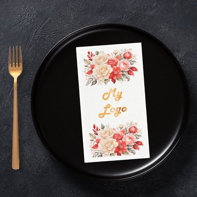 Business logo red ivory florals white napkin (Creator Uploaded)