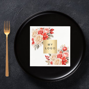 Business logo red ivory florals white  napkin