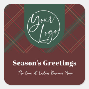 Business Logo Red Plaid Corporate Holiday Gifts Square Sticker
