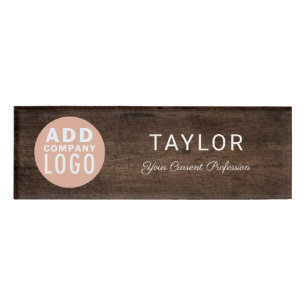 Business Logo Rustic Wood Look Employees Name Tag