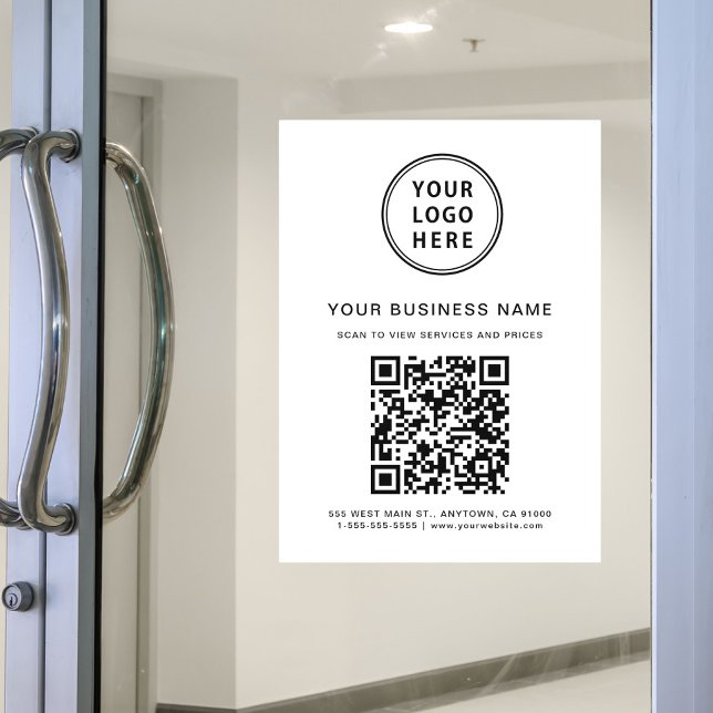 Business Logo Scan To View Services QR Code White (Your services. One scan away. Business logo QR code window cling, auto-generated from your URL.)