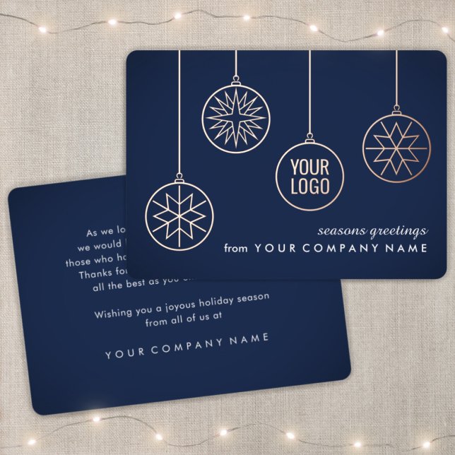Business Logo Snowflake Ornaments Navy Blue & Real Foil Holiday Card (Creator Uploaded)