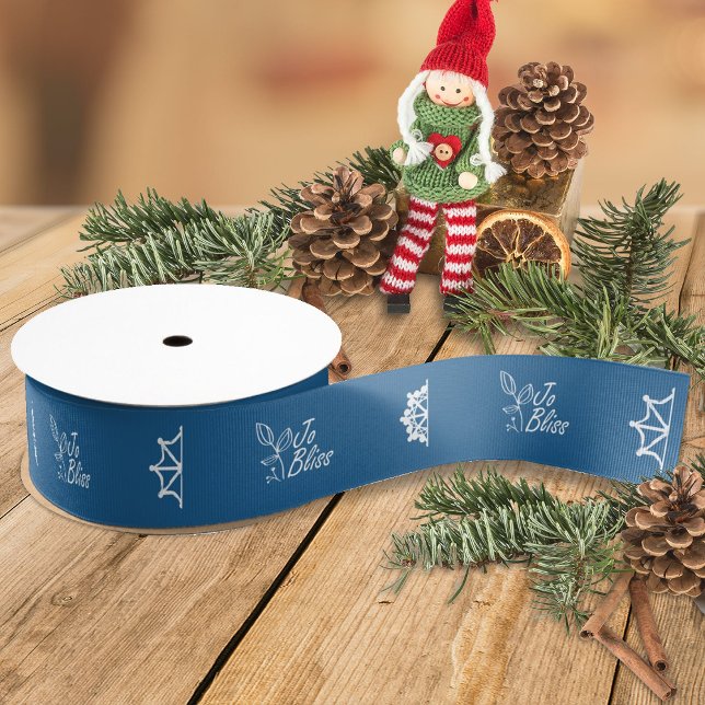 Business Logo & Snowflakes, Gold Branded Gift Grosgrain Ribbon (blue ribbon with white business logo, blue company holiday christmas gift ribbon, white snowflakes)