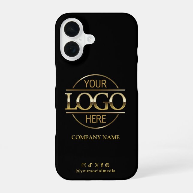 Business Logo & Social Media Black Promotional iPhone 16 Case (Back)
