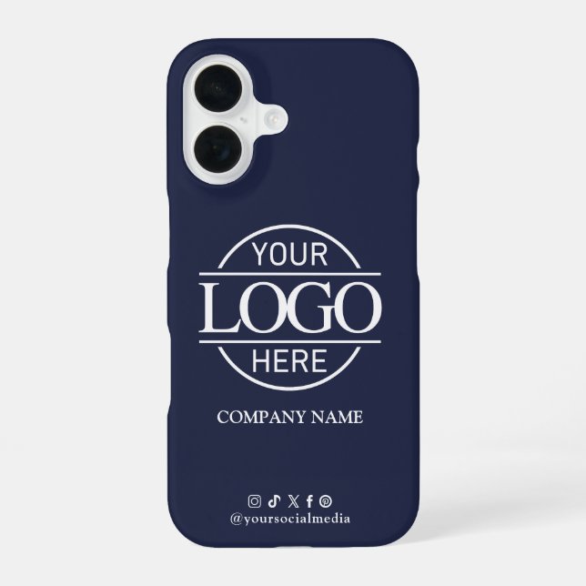 Business Logo & Social Media Blue Promotional iPhone 16 Case (Back)