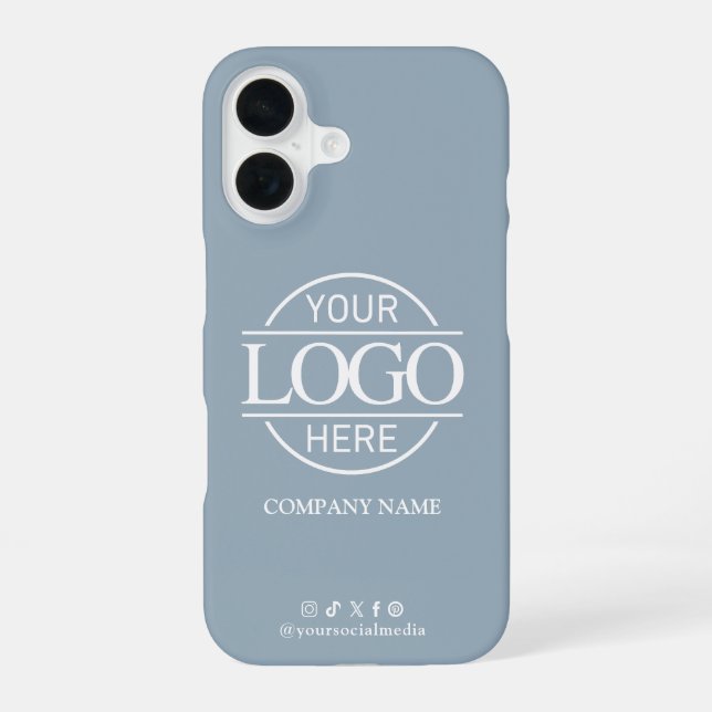 Business Logo & Social Media Blue Promotional iPhone 16 Case (Back)