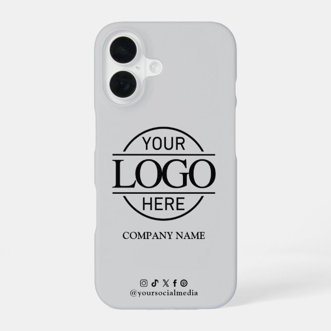 Business Logo & Social Media Gray Promotional iPhone 16 Case (Back)
