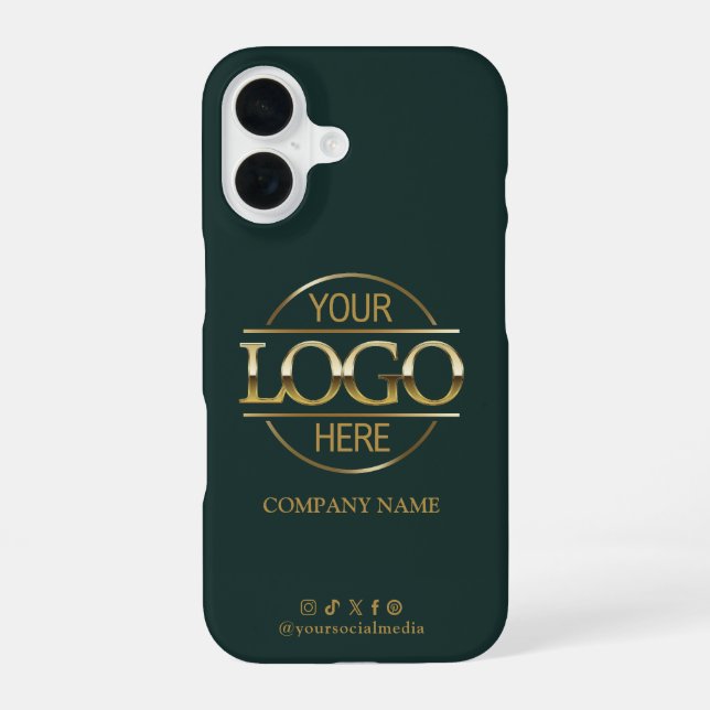 Business Logo & Social Media Green Promotional iPhone 16 Case (Back)