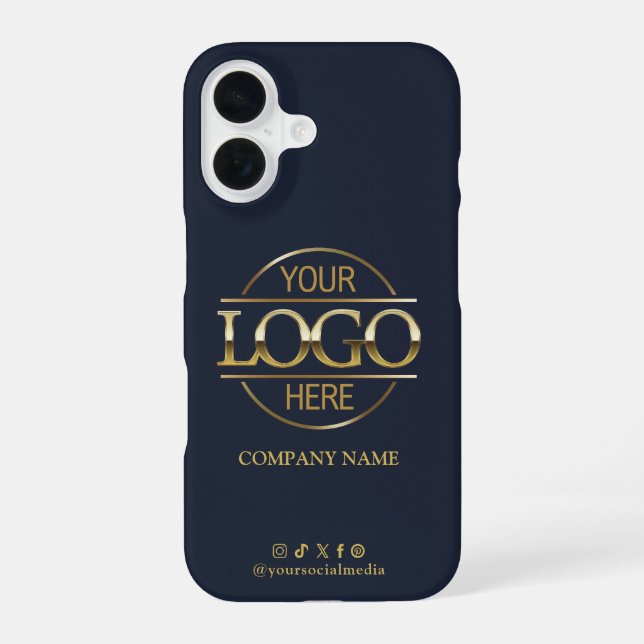 Business Logo & Social Media Navy Blue Promotional iPhone 16 Case (Back)