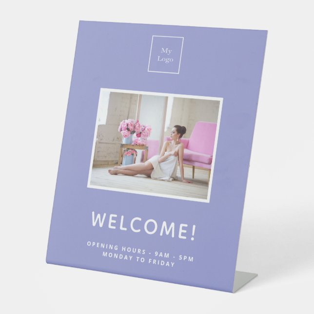 Business logo violet lavender photo welcome pedestal sign (Front)