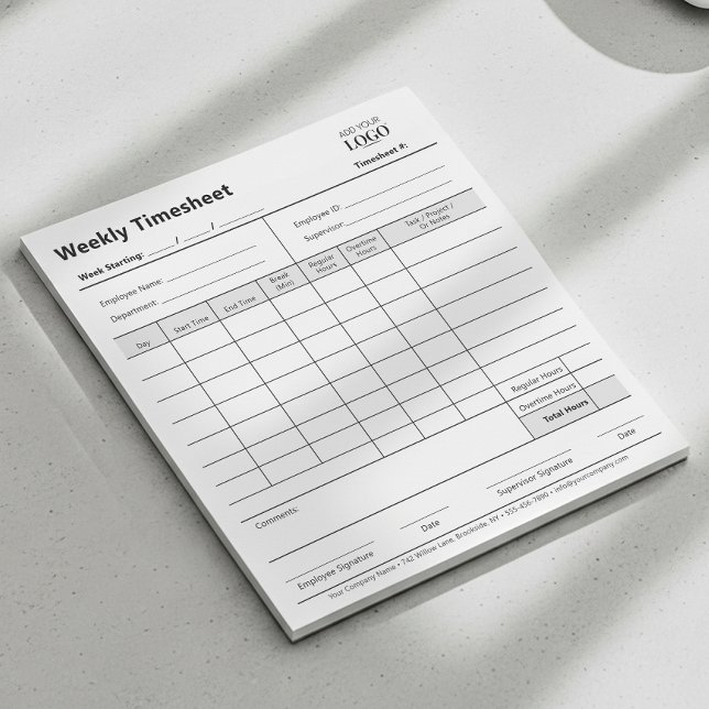 Business Logo Weekly Timesheet Employee Work Hours Notepad (Creator Uploaded)