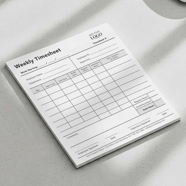 Timesheet Notepad Business Logo Weekly Timesheet Employee Work Hours Notepad | Zazzle